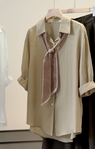 Women's Summer Silk Scarf Ribbon Shirt, Korean Style, Loose Fit, Thin and Slimming, Three-Quarter Sleeve Top