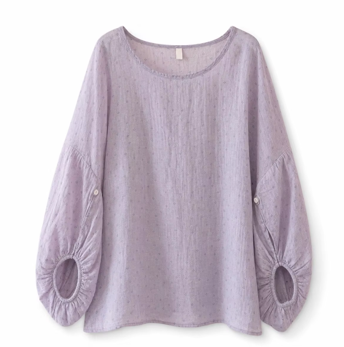 Korean Ramie Polka-Dot Floral Blouse with Lantern Sleeves