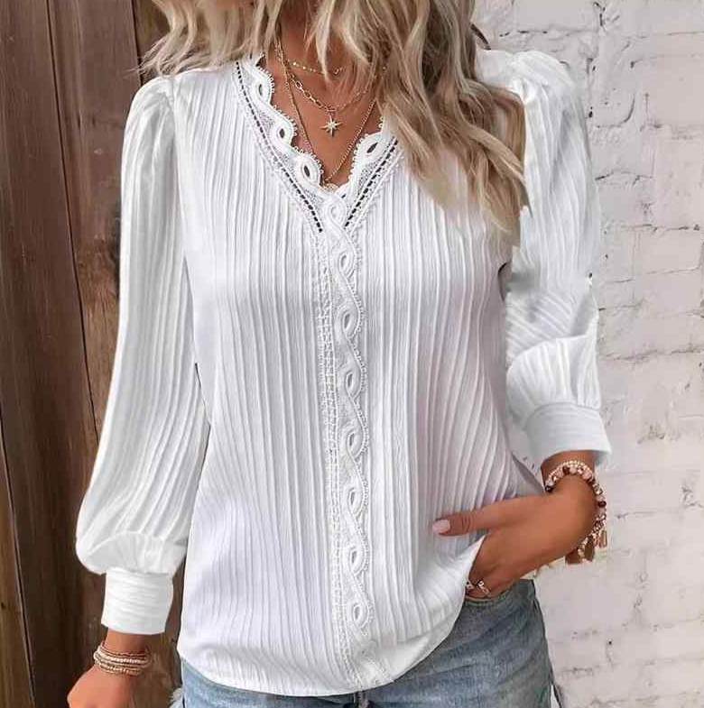 Women's V-Neck Lace Panel Relaxed Long-Sleeve Blouse