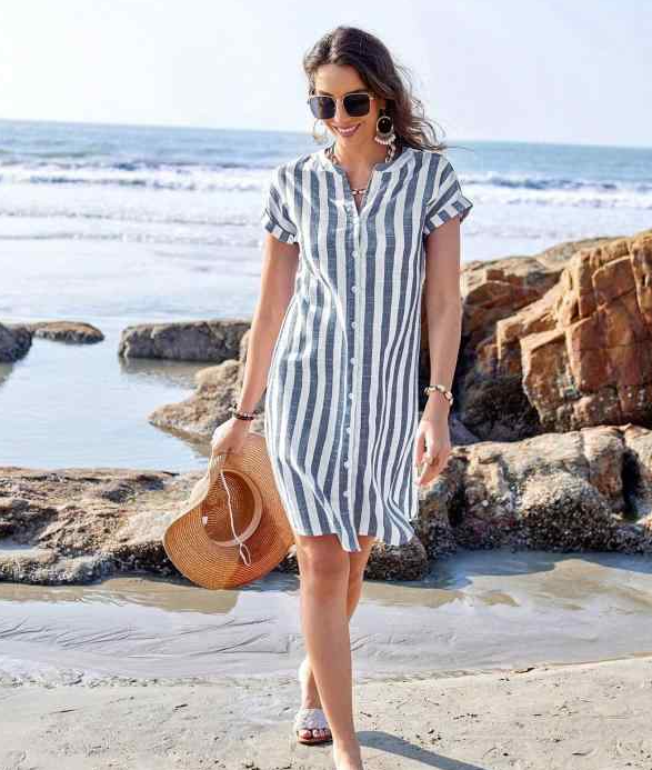 Women's Relaxed Striped Commute Shirt with Stand Collar