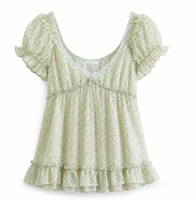 Korean Lace-Panel Floral Babydoll Blouse with Puff Sleeves
