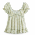 Korean Lace-Panel Floral Babydoll Blouse with Puff Sleeves