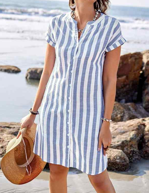 Women's Relaxed Striped Commute Shirt with Stand Collar