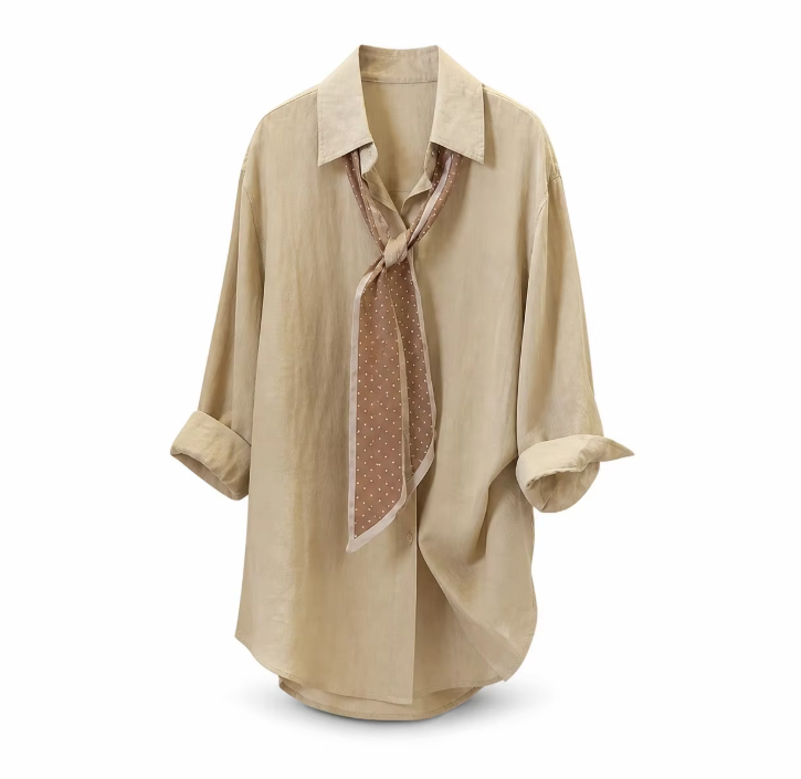Women's Summer Silk Scarf Ribbon Shirt, Korean Style, Loose Fit, Thin and Slimming, Three-Quarter Sleeve Top