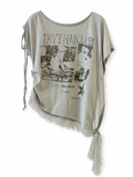 Vintage Printed Lace-Hem Short-Sleeve T-Shirt