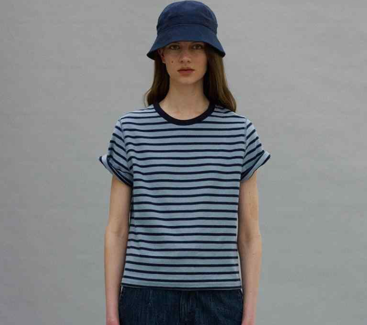 Women's Blue Striped Short-Sleeve Knit Top